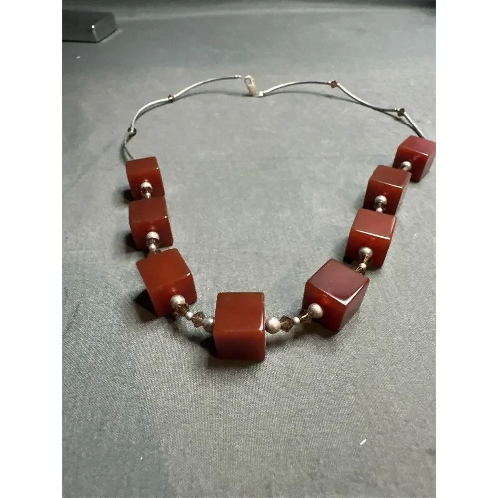 Vintage Old Silver 925 Red Squares And Silver Beads Beautiful Necklace Rare